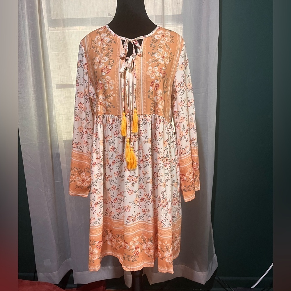 Women Orange Floral Bohemian Style Short Dress Size M